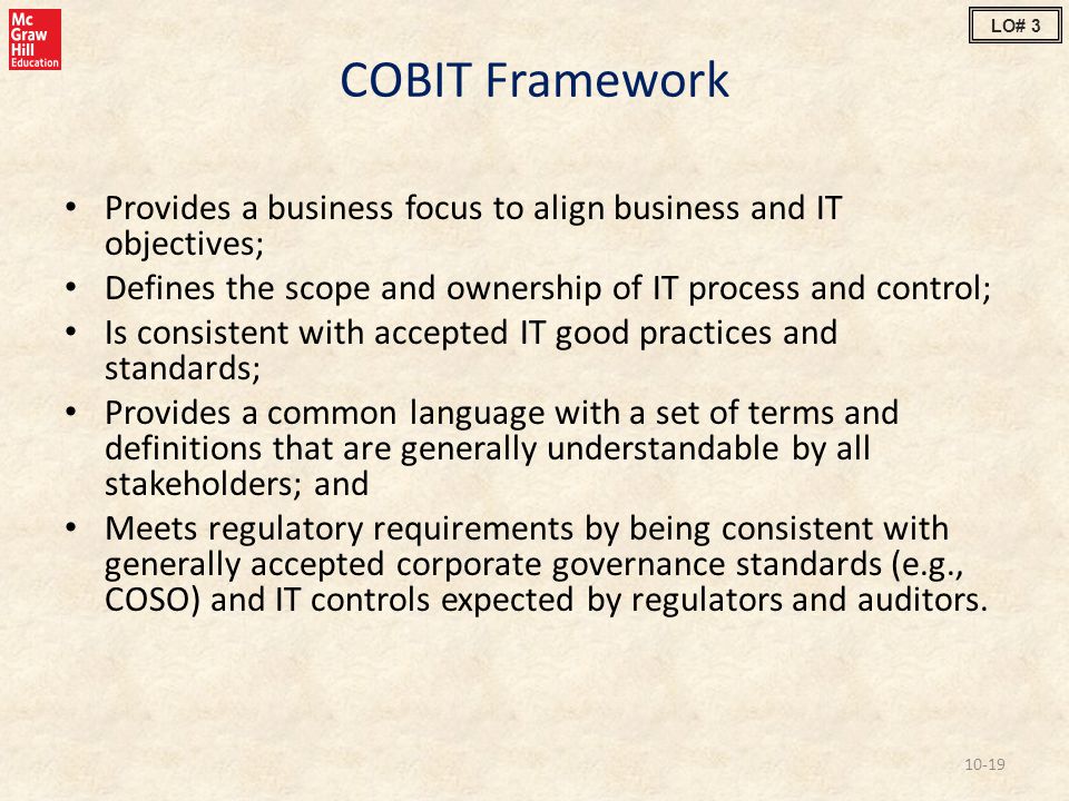 LO# 3 COBIT Framework. Provides a business focus to align business and IT objectives; Defines the scope and ownership of IT process and control;