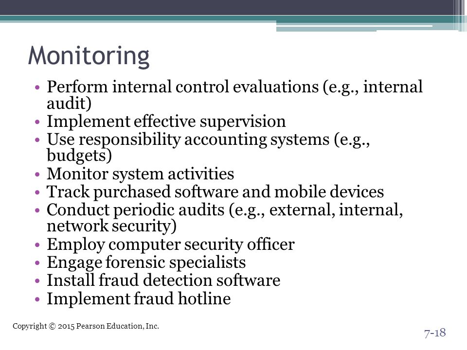 Monitoring Perform internal control evaluations (e.g., internal audit)