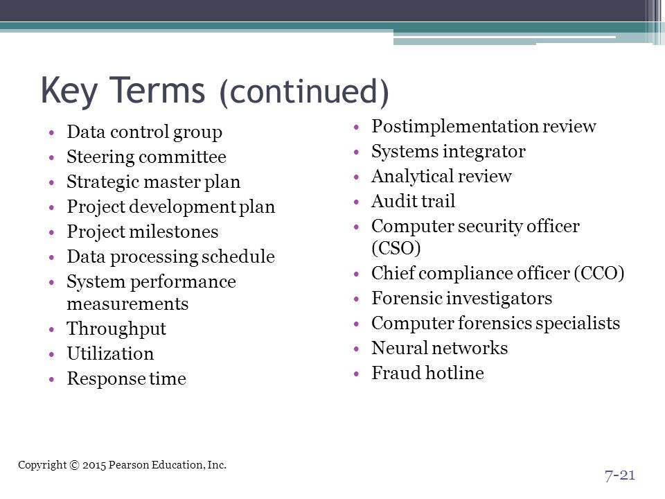 Key Terms (continued) Postimplementation review Data control group