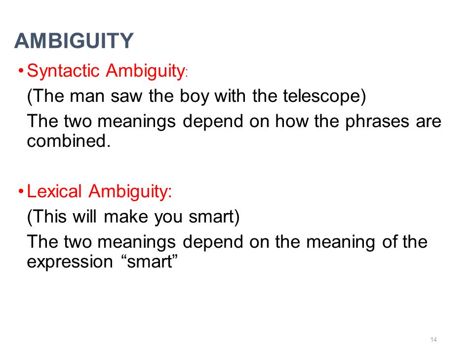 AMBIGUITY Syntactic Ambiguity: