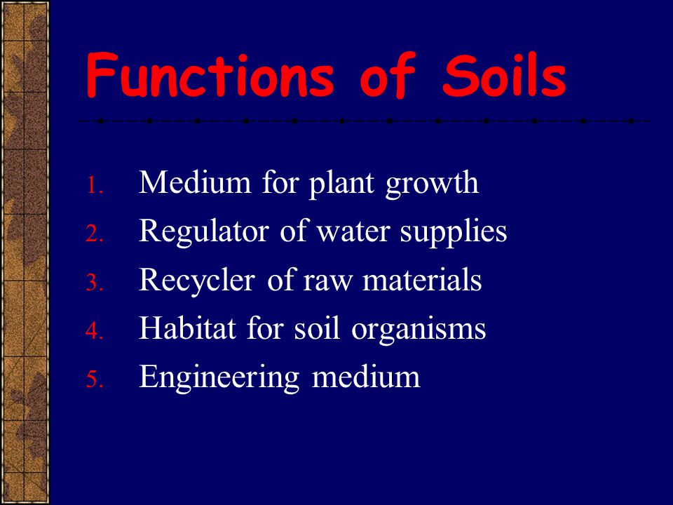 Functions of Soils Medium for plant growth Regulator of water supplies