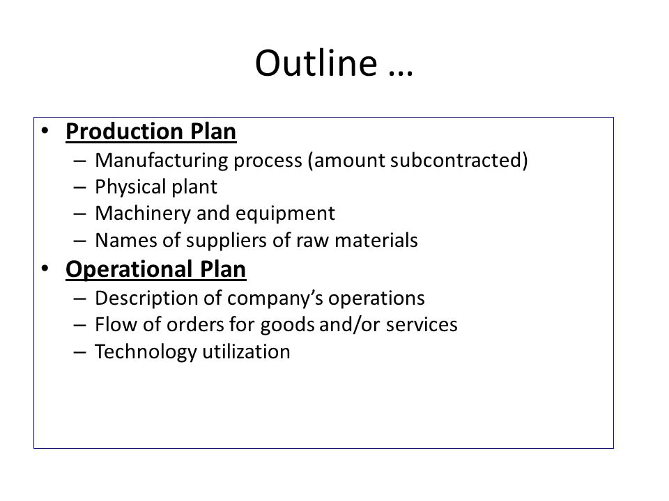Outline … Production Plan Operational Plan
