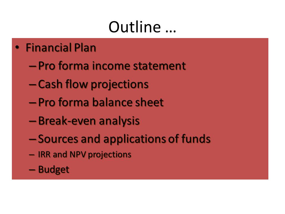 Outline … Financial Plan Pro forma income statement