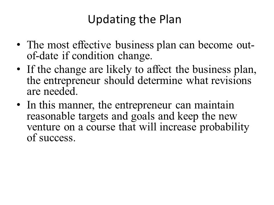 Updating the Plan The most effective business plan can become out-of-date if condition change.