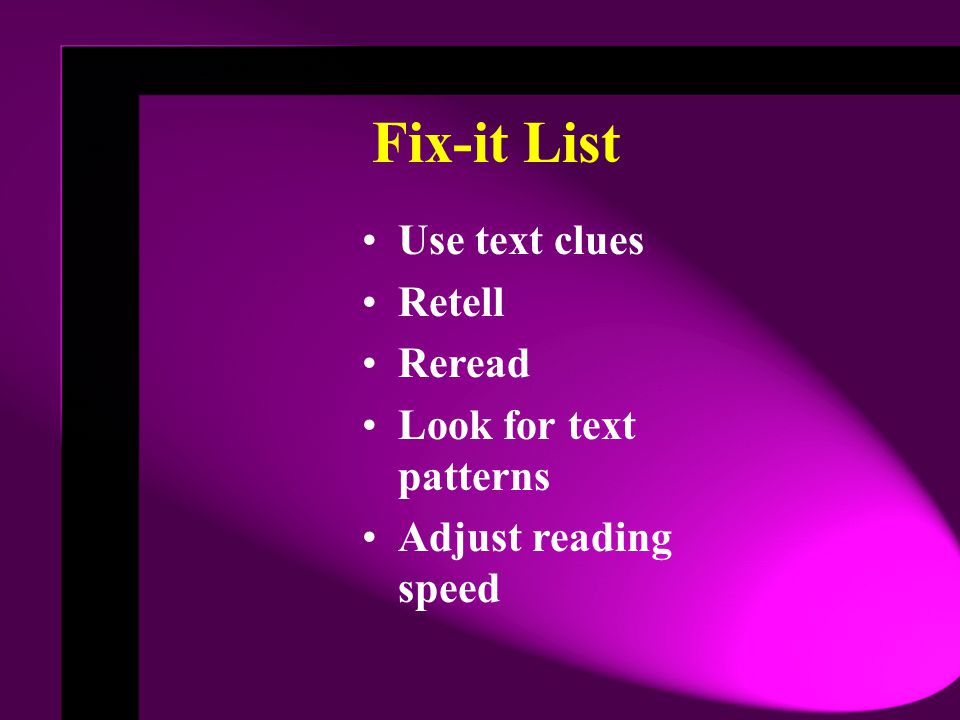 Fix-it List Use text clues Retell Reread Look for text patterns
