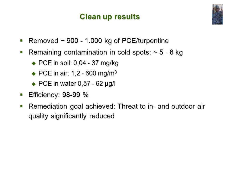 Clean up results Removed ~ kg of PCE/turpentine