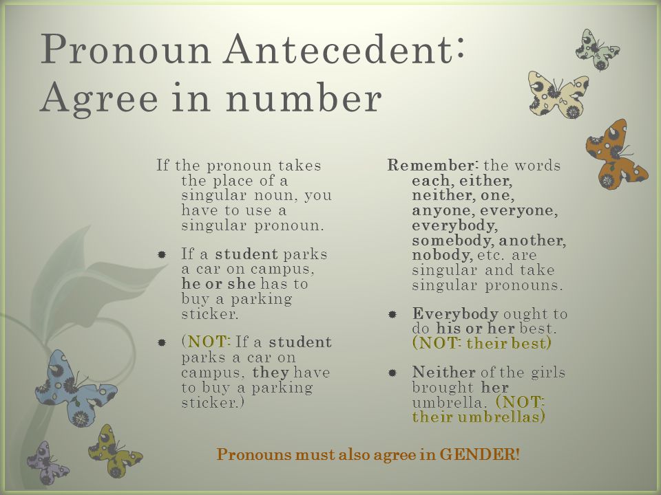 Pronoun Antecedent: Agree in number