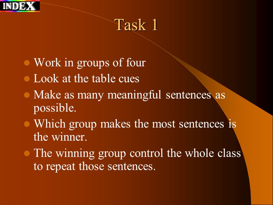 Task 1 Work in groups of four Look at the table cues