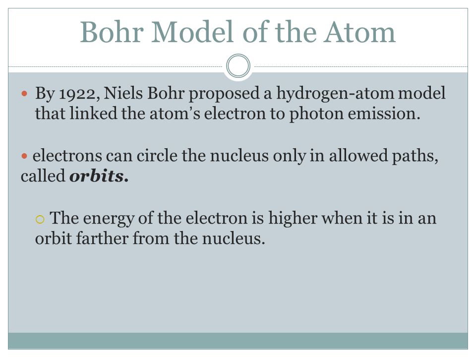Bohr Model of the Atom By 1922, Niels Bohr proposed a hydrogen-atom model that linked the atom’s electron to photon emission.