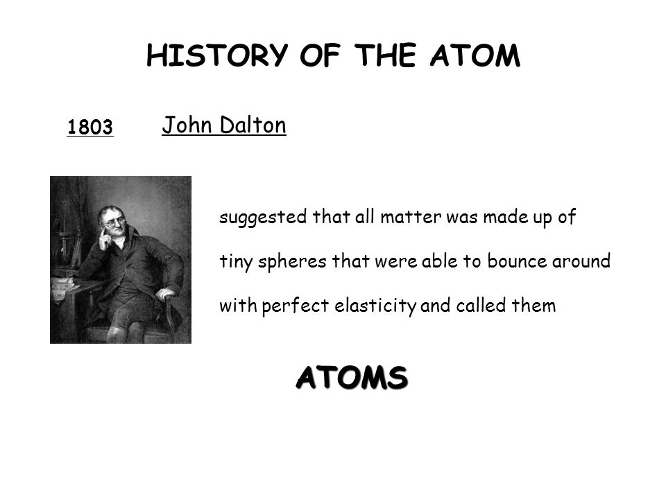 HISTORY OF THE ATOM ATOMS John Dalton 1803