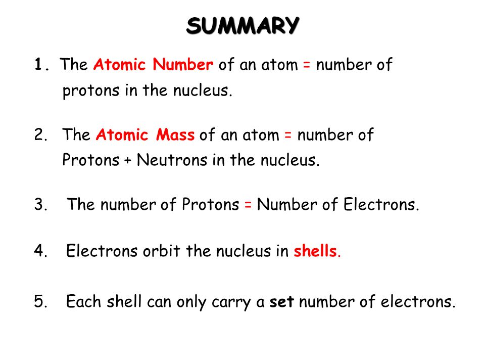 SUMMARY The Atomic Number of an atom = number of