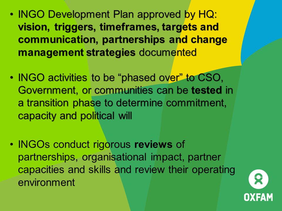 INGO Development Plan approved by HQ: vision, triggers, timeframes, targets and communication, partnerships and change management strategies documented