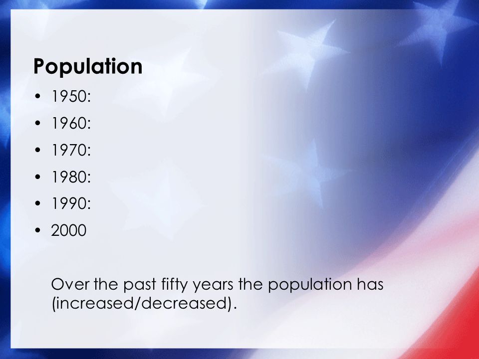 Population 1950: 1960: 1970: 1980: 1990: 2000.