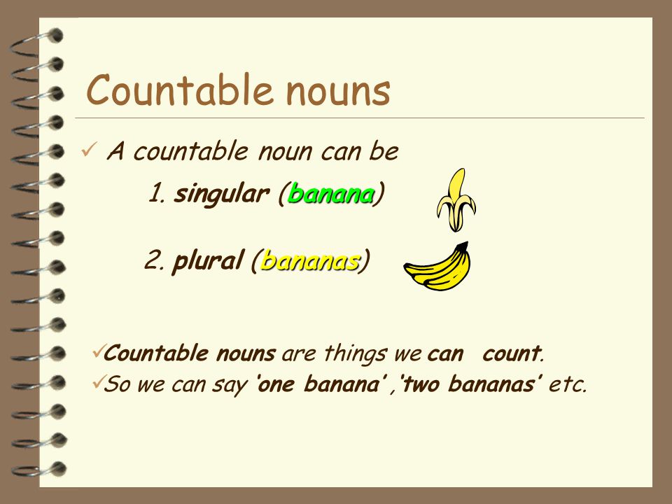 Countable nouns A countable noun can be 1. singular (banana)