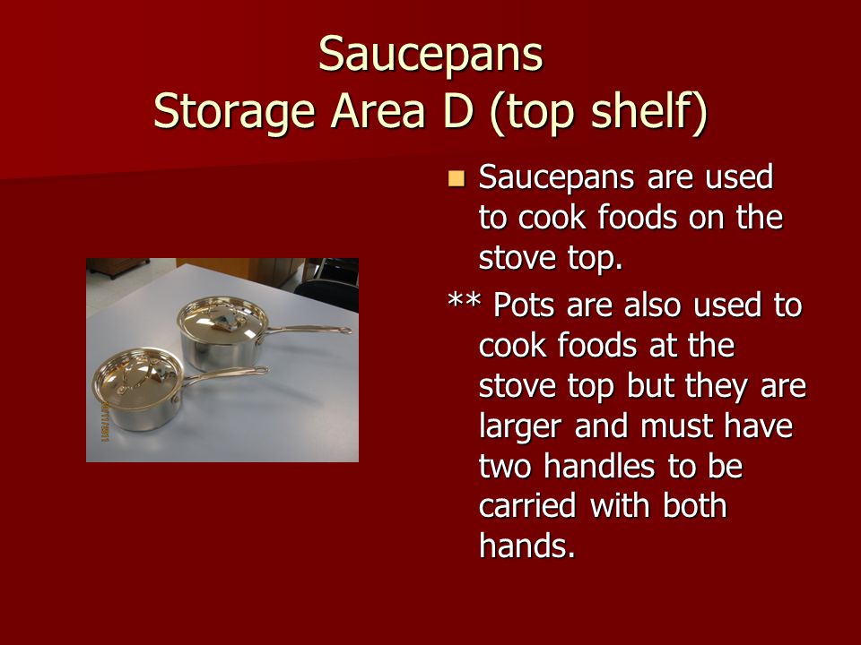 Saucepans Storage Area D (top shelf)