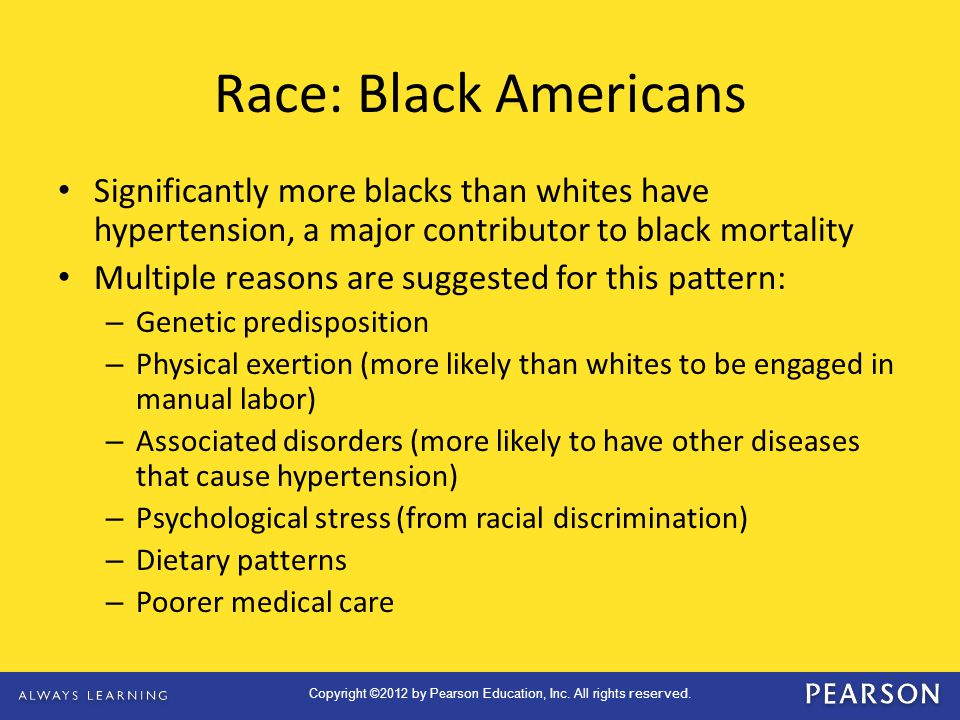 Race: Black Americans Significantly more blacks than whites have hypertension, a major contributor to black mortality.