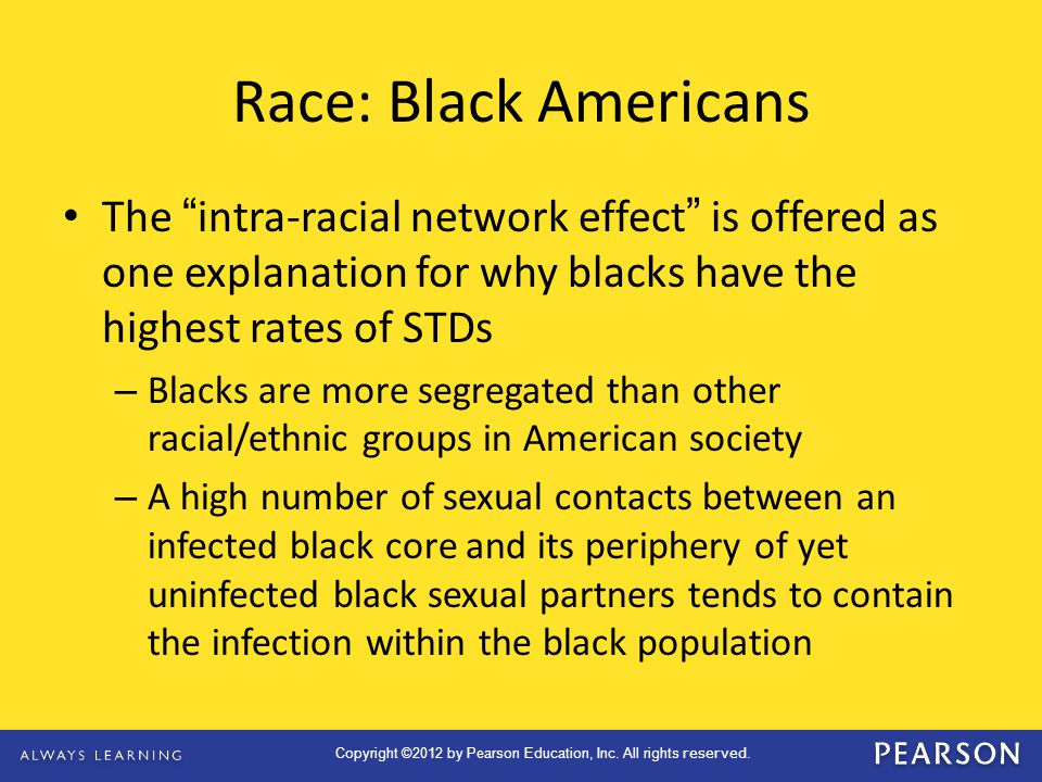 Race: Black Americans The intra-racial network effect is offered as one explanation for why blacks have the highest rates of STDs.