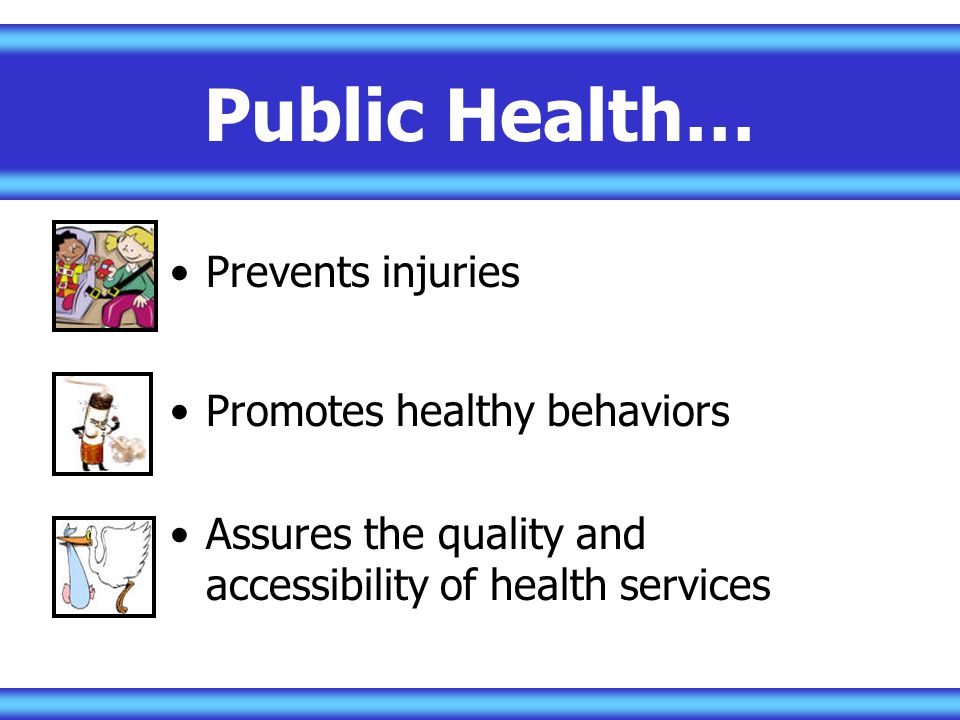 Public Health… Prevents injuries Promotes healthy behaviors