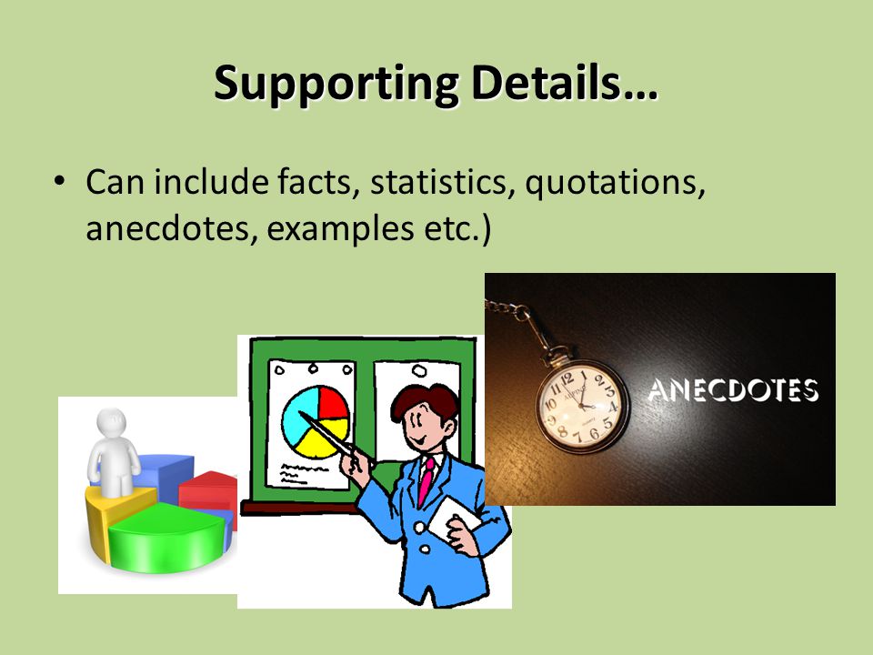 Supporting Details… Can include facts, statistics, quotations, anecdotes, examples etc.)