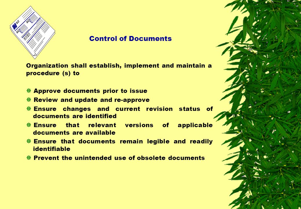 Control of Documents Organization shall establish, implement and maintain a procedure (s) to. Approve documents prior to issue.