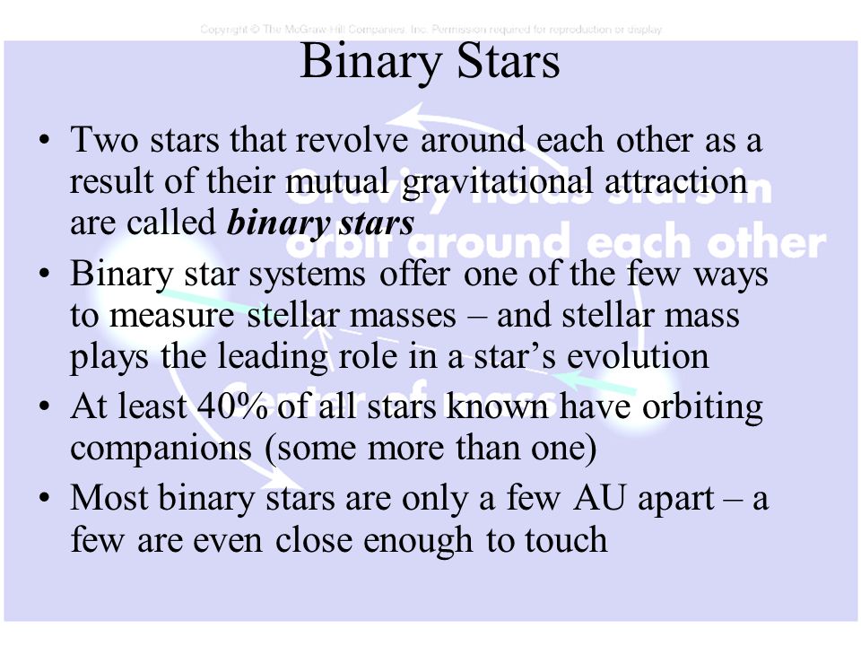 Binary Stars Two stars that revolve around each other as a result of their mutual gravitational attraction are called binary stars.
