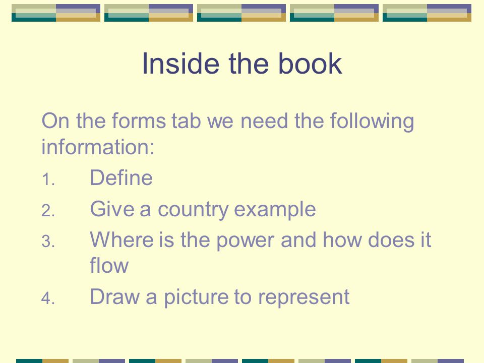 Inside the book On the forms tab we need the following information: