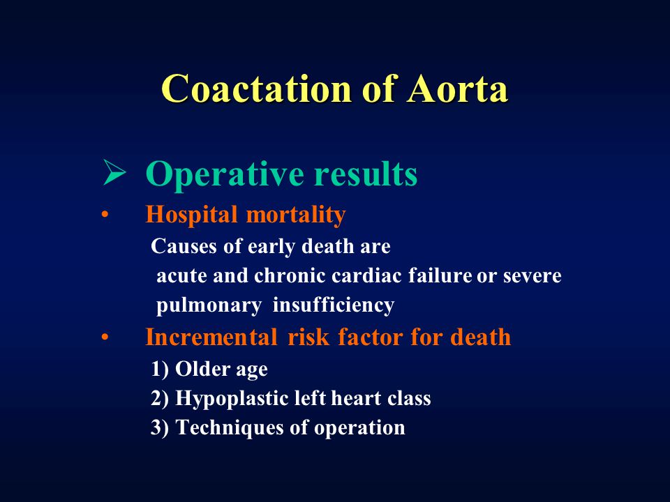 Coactation of Aorta Operative results Hospital mortality