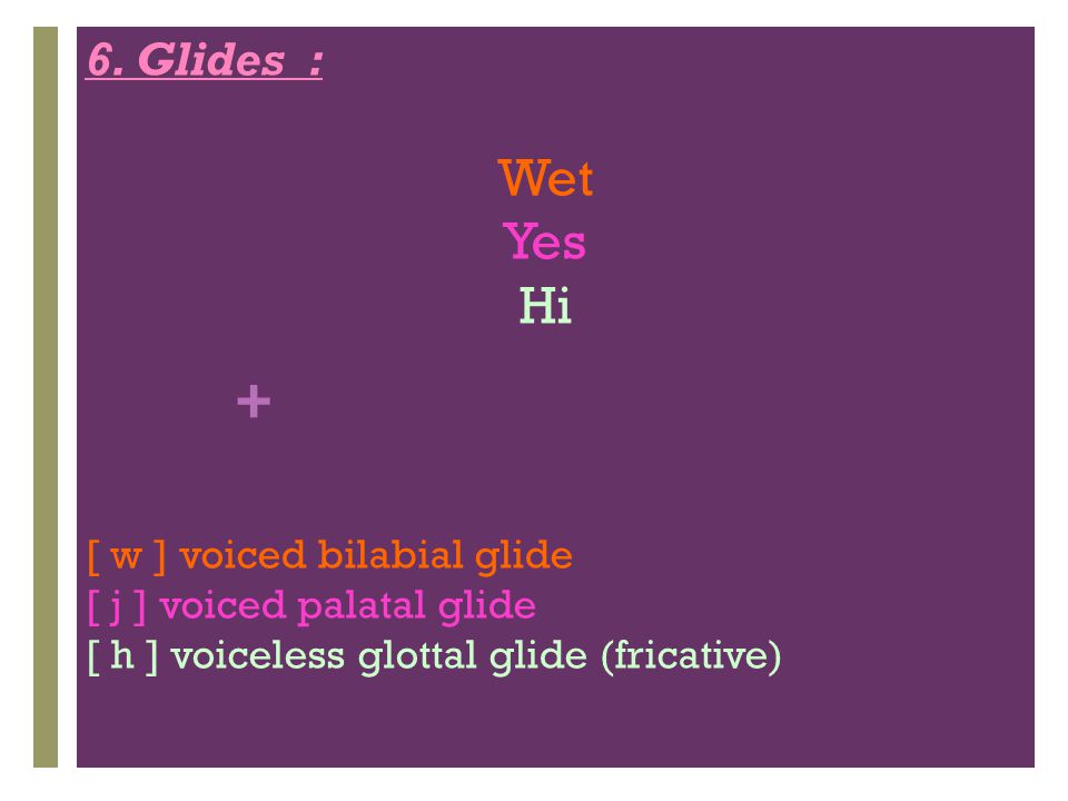 Wet Yes Hi 6. Glides : [ w ] voiced bilabial glide