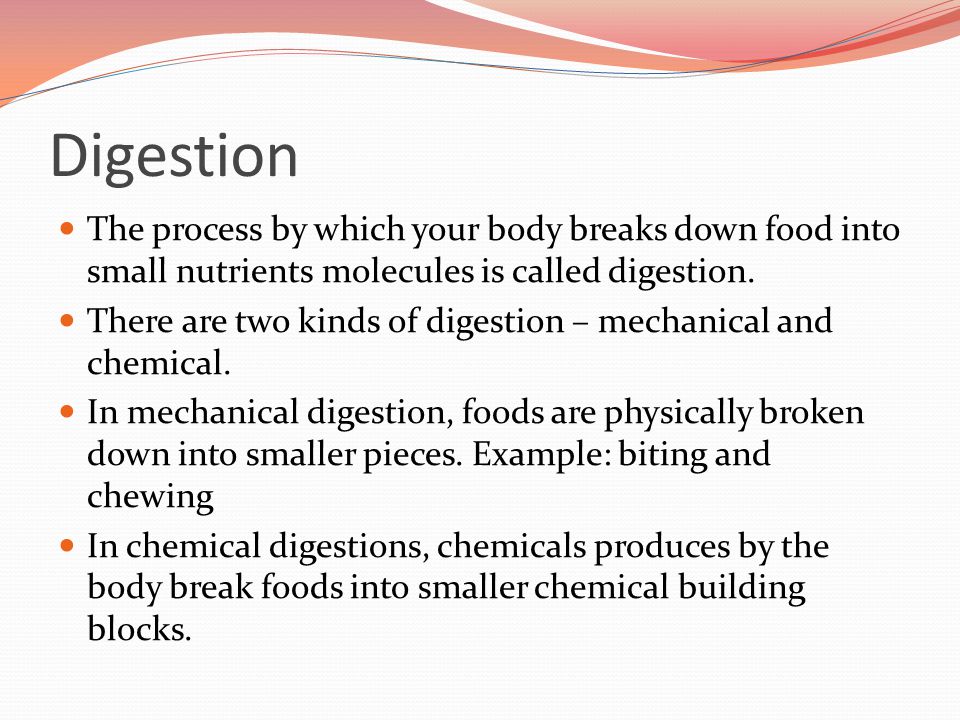 Digestion The process by which your body breaks down food into small nutrients molecules is called digestion.