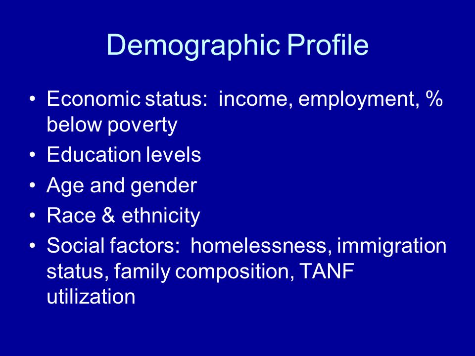 Demographic Profile Economic status: income, employment, % below poverty. Education levels. Age and gender.