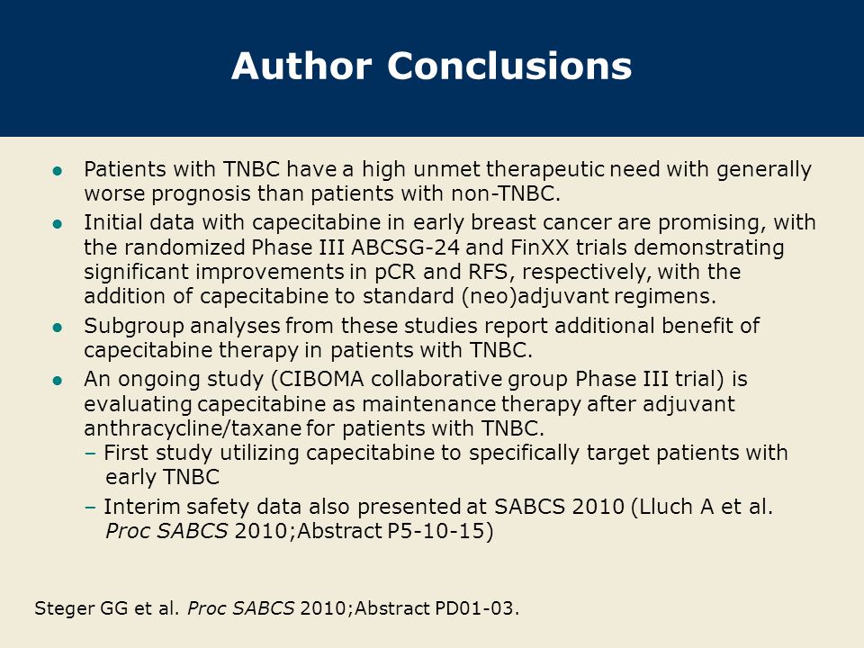 Author Conclusions Patients with TNBC have a high unmet therapeutic need with generally worse prognosis than patients with non-TNBC.