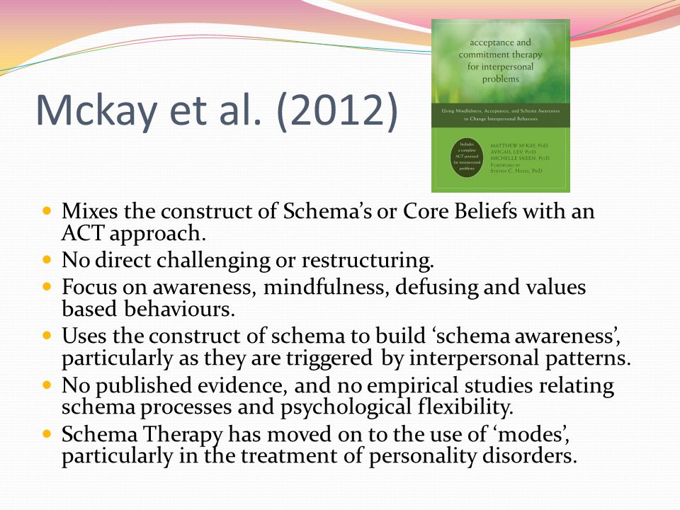 Mckay et al. (2012) Mixes the construct of Schema’s or Core Beliefs with an ACT approach. No direct challenging or restructuring.