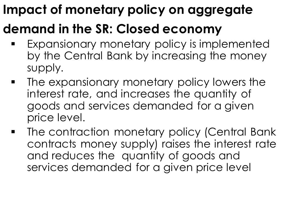 Impact of monetary policy on aggregate demand in the SR: Closed economy