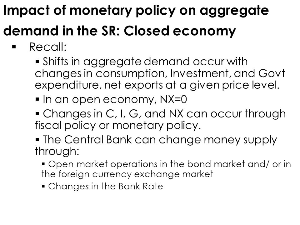 Impact of monetary policy on aggregate demand in the SR: Closed economy