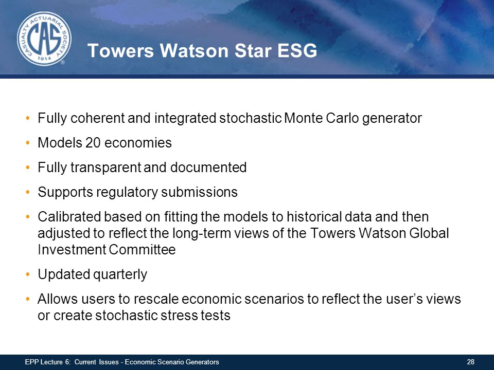 Towers Watson Star ESG Fully coherent and integrated stochastic Monte Carlo generator. Models 20 economies.