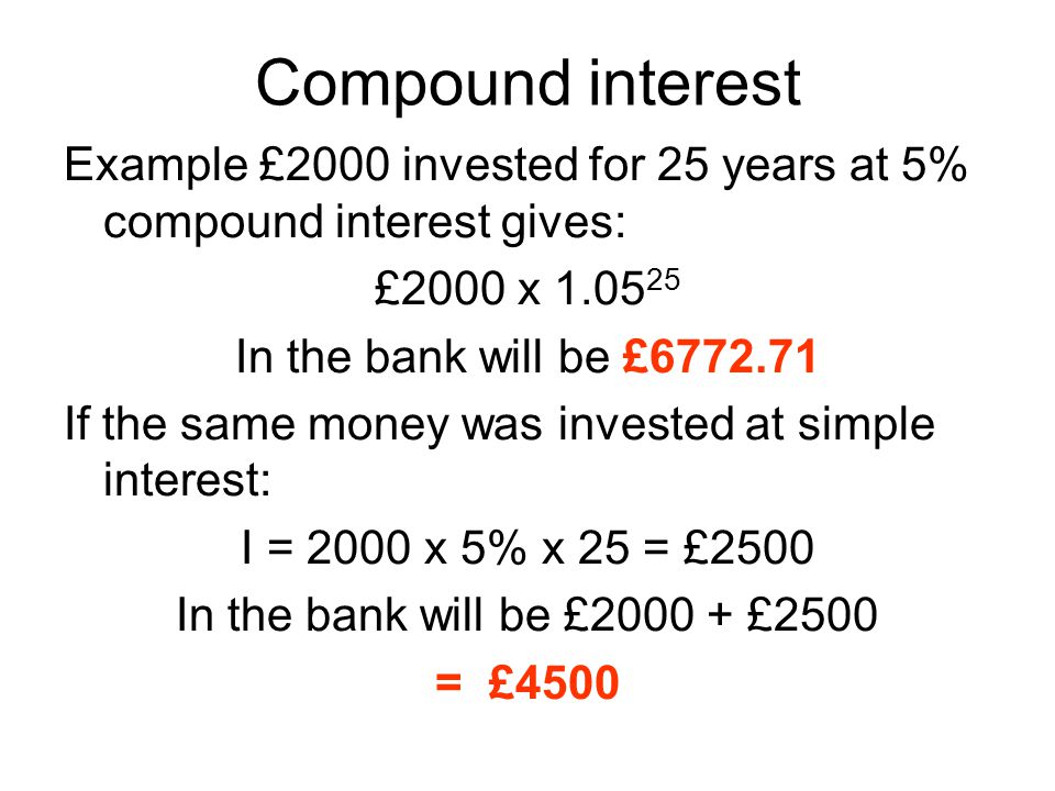 Compound interest Example £2000 invested for 25 years at 5% compound interest gives: £2000 x
