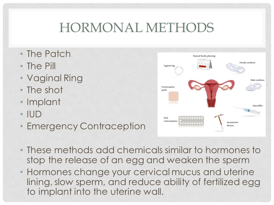 Hormonal methods The Patch The Pill Vaginal Ring The shot Implant IUD