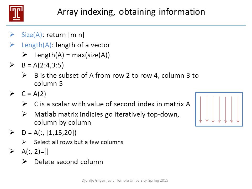 Array indexing, obtaining information