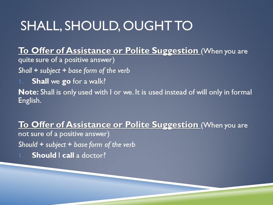 Shall, Should, Ought to To Offer of Assistance or Polite Suggestion (When you are quite sure of a positive answer)