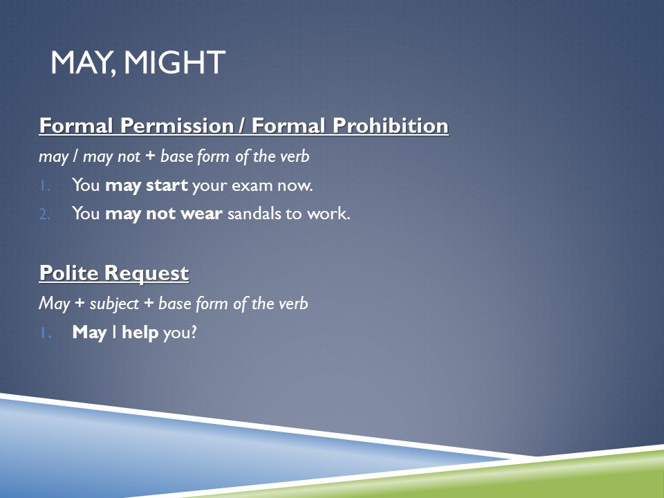 May, Might Formal Permission / Formal Prohibition Polite Request