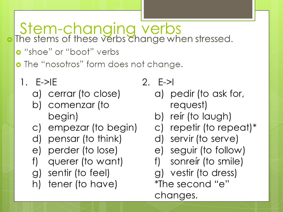 Stem-changing verbs The stems of these verbs change when stressed.