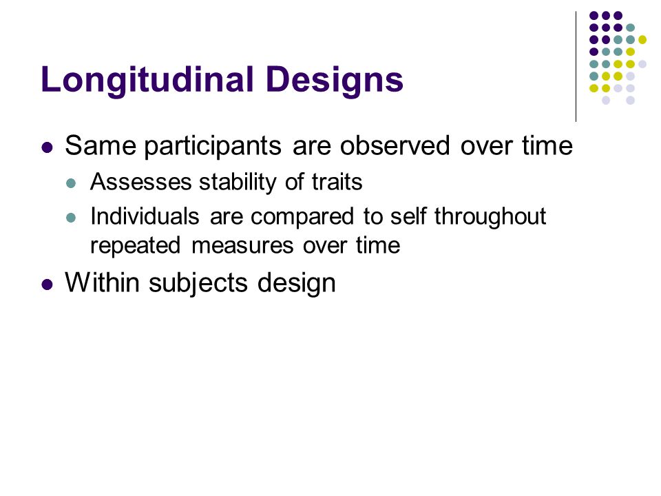 Longitudinal Designs Same participants are observed over time