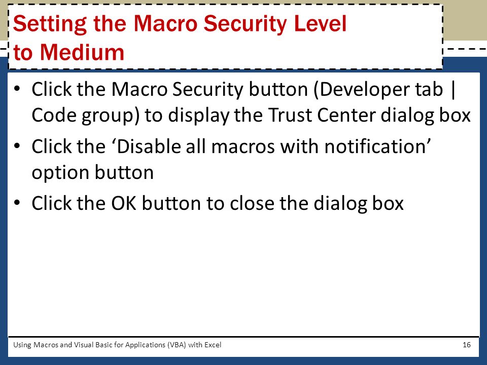 Setting the Macro Security Level to Medium