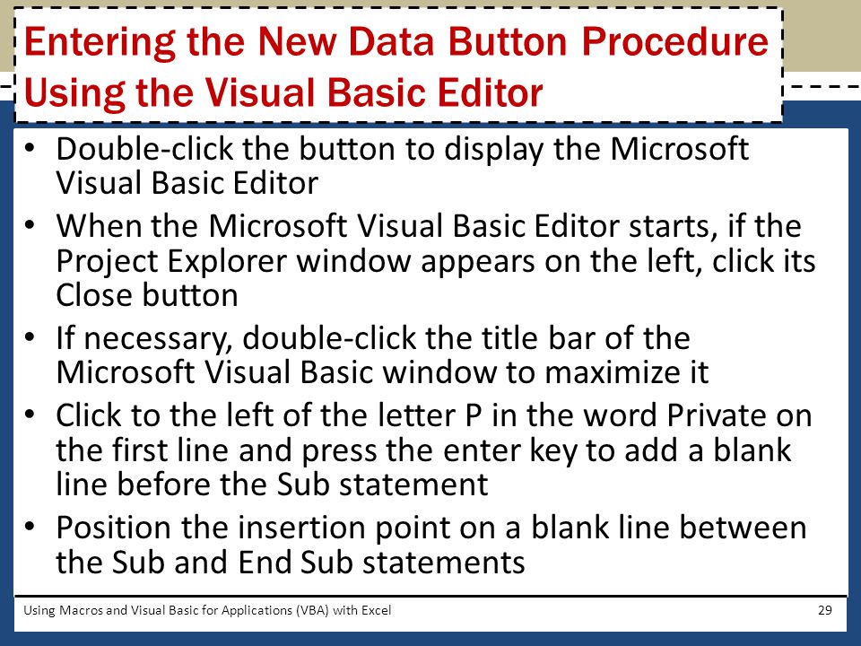 Entering the New Data Button Procedure Using the Visual Basic Editor