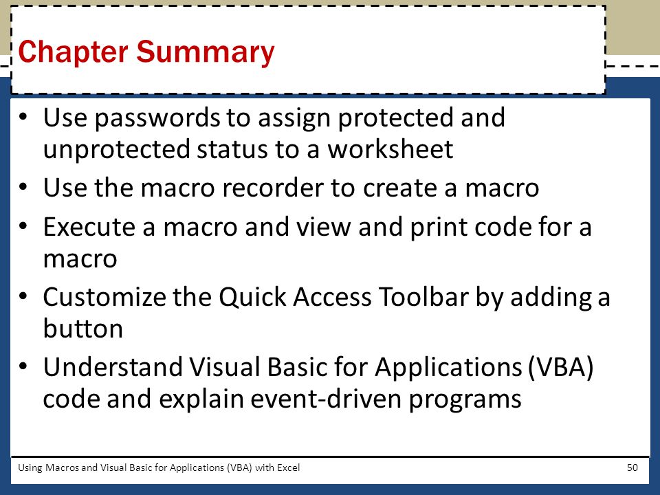 Chapter Summary Use passwords to assign protected and unprotected status to a worksheet. Use the macro recorder to create a macro.