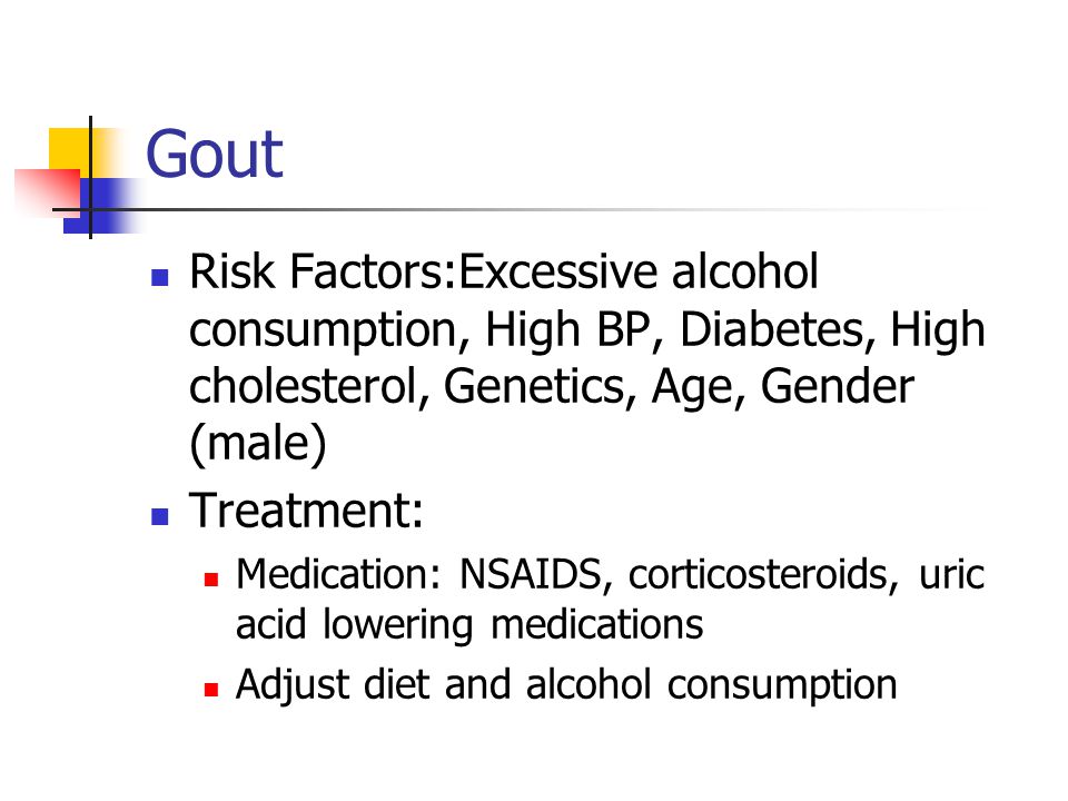 Gout Risk Factors:Excessive alcohol consumption, High BP, Diabetes, High cholesterol, Genetics, Age, Gender (male)