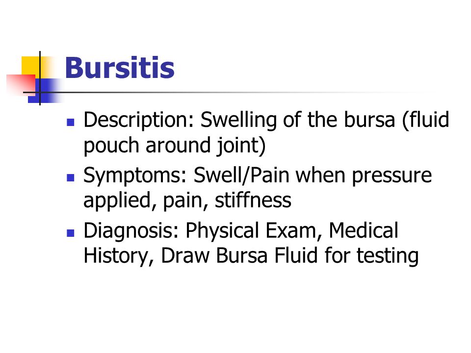 Bursitis Description: Swelling of the bursa (fluid pouch around joint)