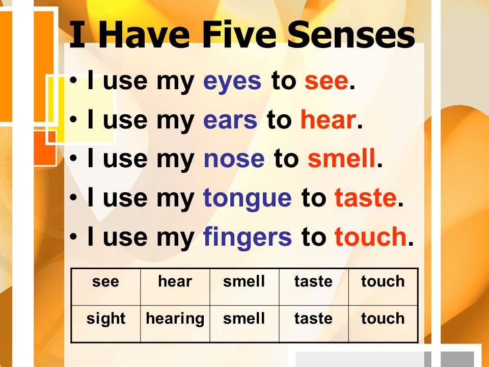 I Have Five Senses I use my eyes to see. I use my ears to hear.