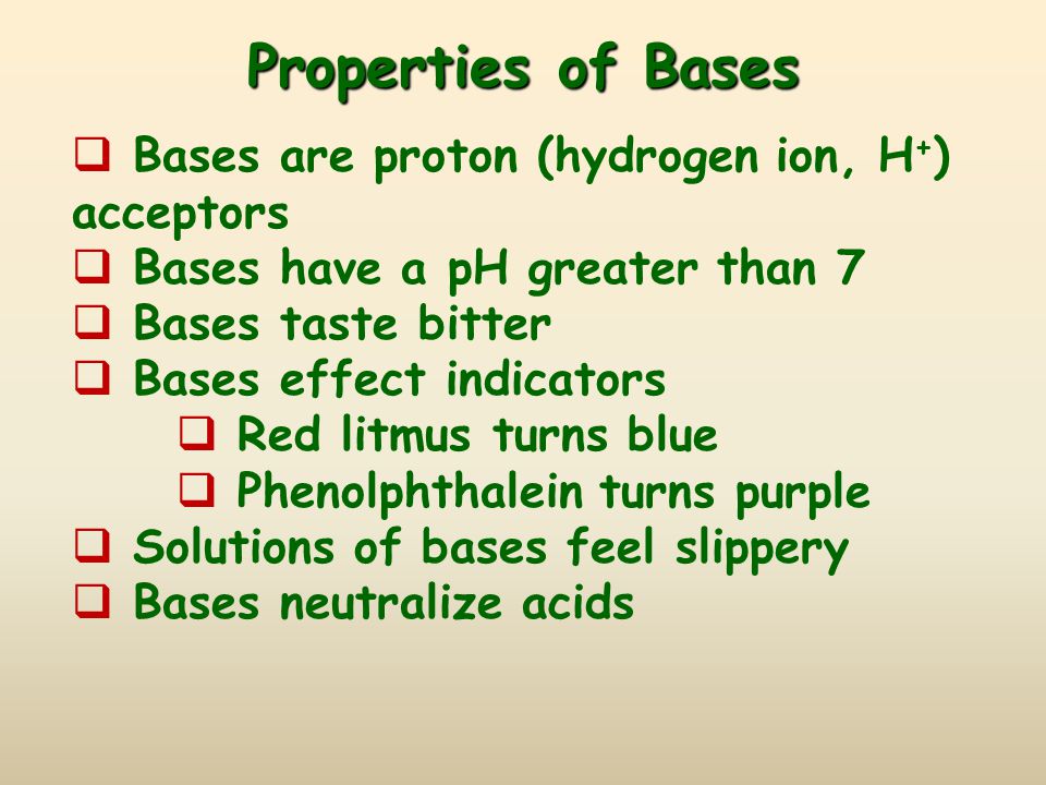 Properties of Bases Bases are proton (hydrogen ion, H+) acceptors