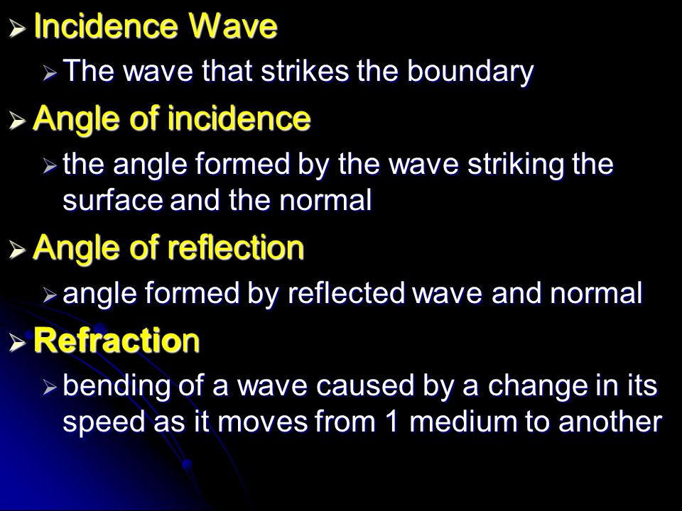 Incidence Wave Angle of incidence Angle of reflection Refraction